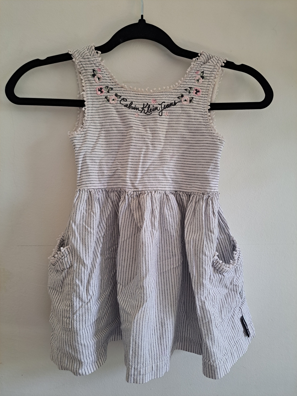 Calvin Klein Jeans Girls' Striped Cream Dress with Floral Embroidery